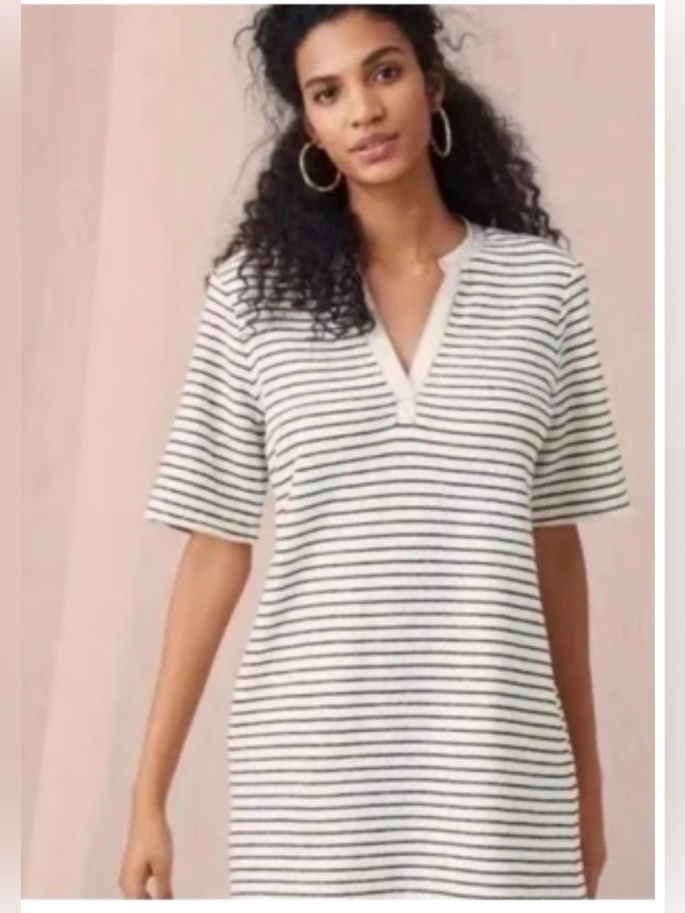 Lou & Grey Terry Cloth Striped V-Neck Short Sleeve Mini Dress, White & Dark Navy